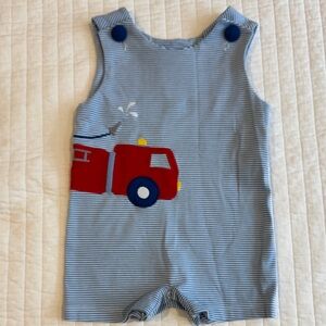 Blue Striped Kids One Piece with Fire Truck Design